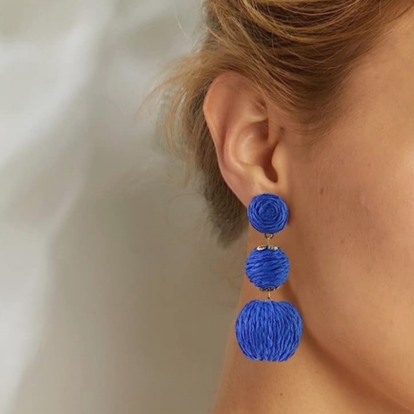 Chunky Blue Rattan Earrings Wicker Bold Statement Wicker Dangle 80s New - Picture 3 of 5